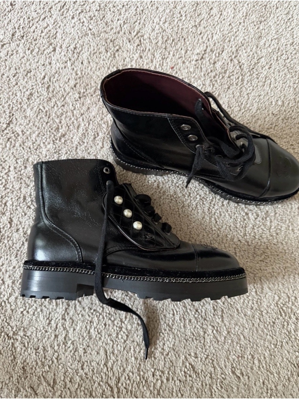 CHANEL Black Quilted Pearl-Accent Lace-Up combat Boots 9 - Picture 8 of 8